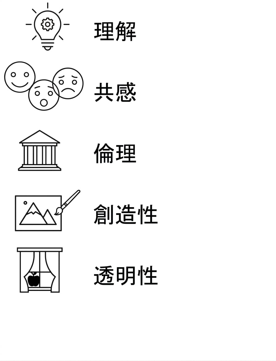 理解。 共感。 倫理 創造性 透明性。