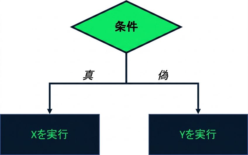 テスト条件を示す図。条件が真ならXを実行、偽ならYを実行。