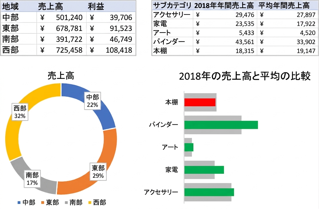 集計データを可視化する際の表とチャートの例
