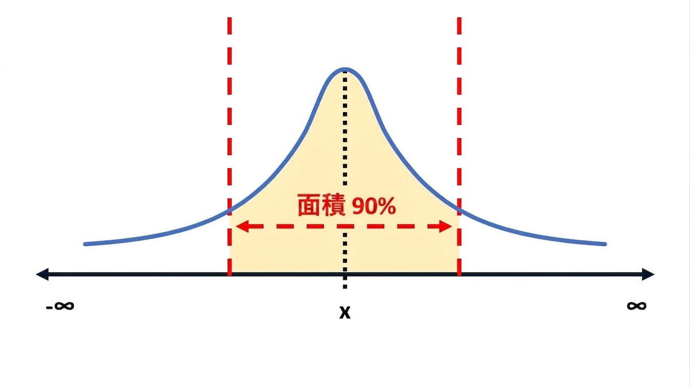分布曲線のうち90%の領域が強調表示されている