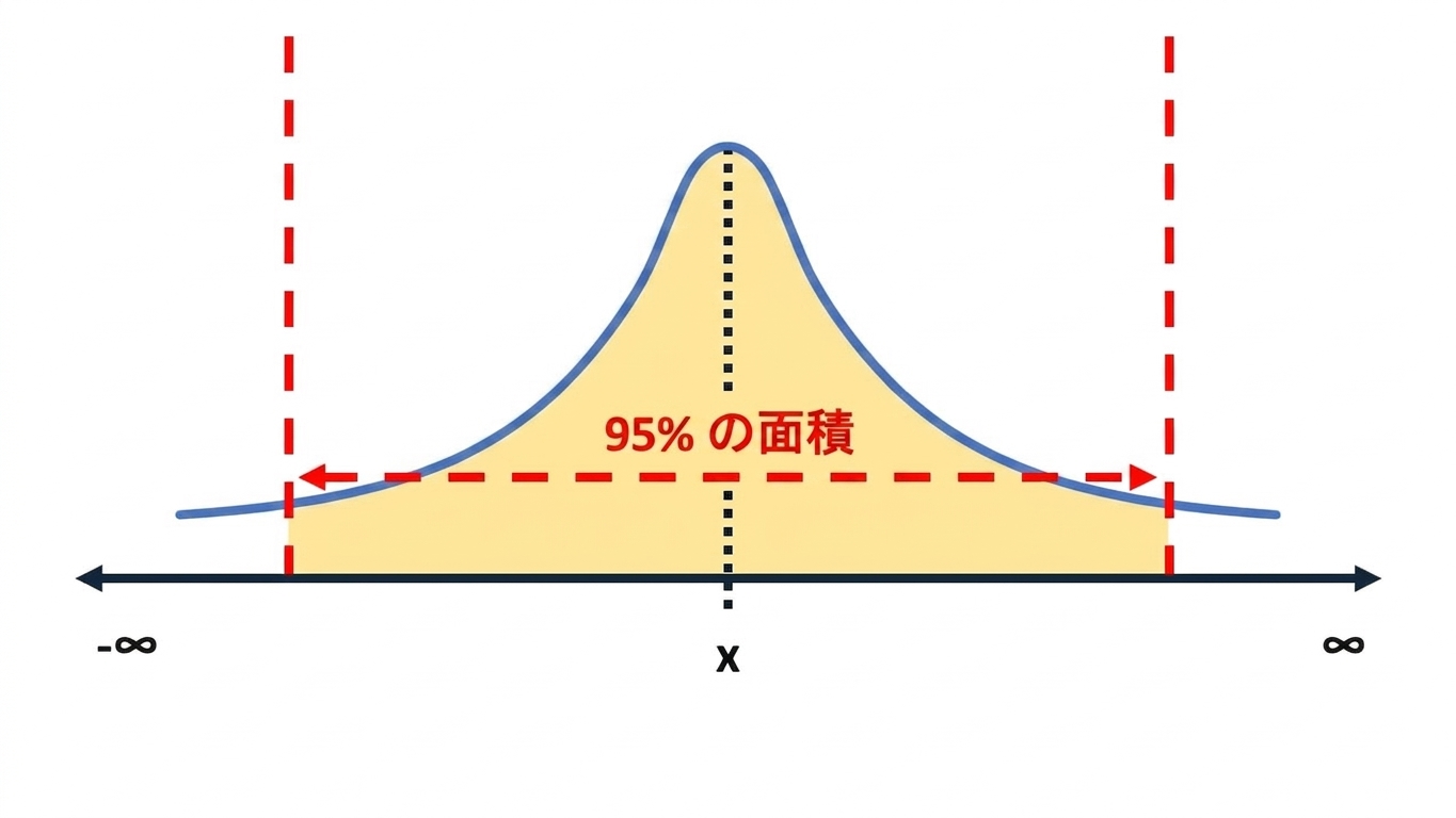 分布曲線のうち95%の領域が強調表示されている