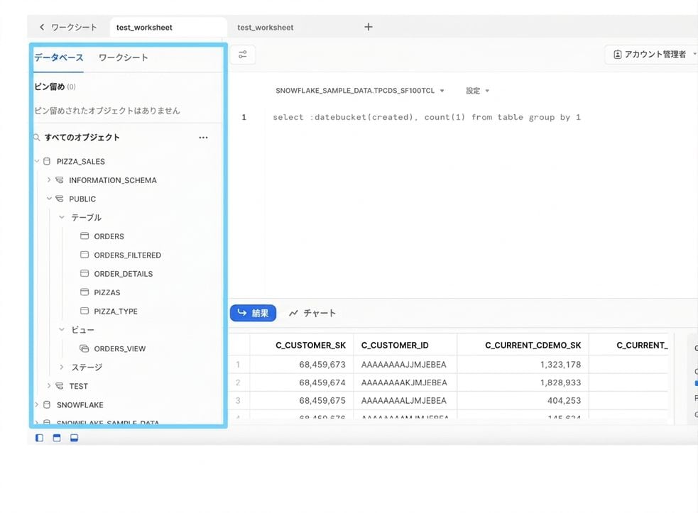 Snowflake Web UI の左側パネルの画像。データベースオブジェクトとワークシートを表示
