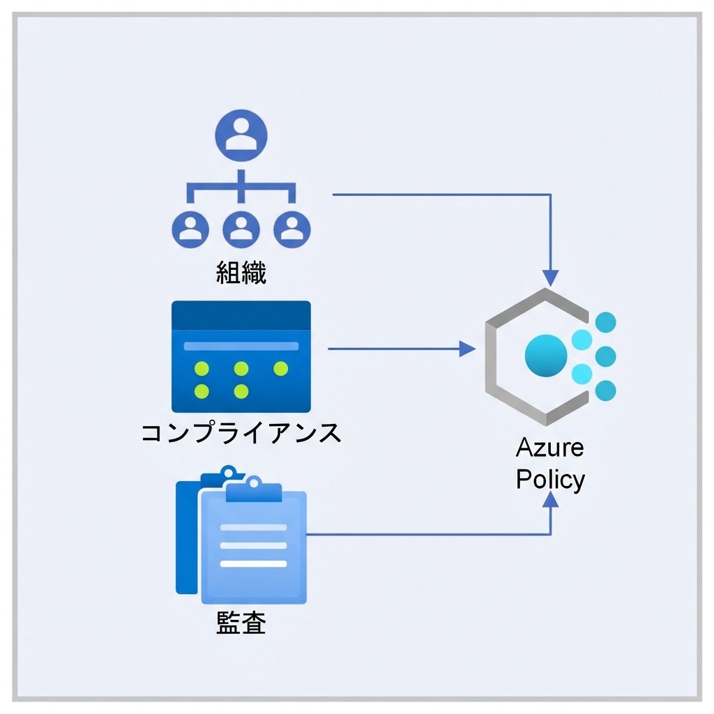 組織・コンプライアンス・監査を示す図が Azure Policy アイコンを指すカラースクエア