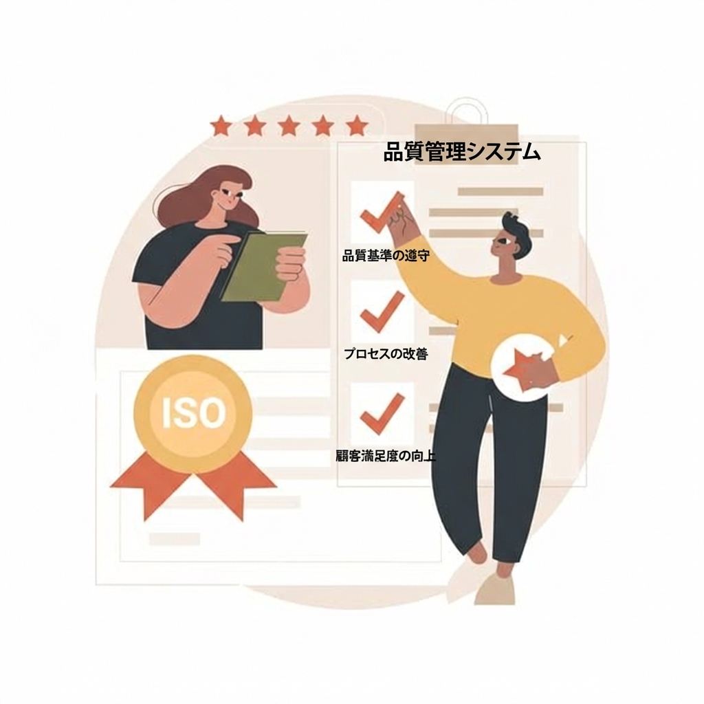 人々の作業とチェックマーク、表彰に「ISO」の文字の抽象画像
