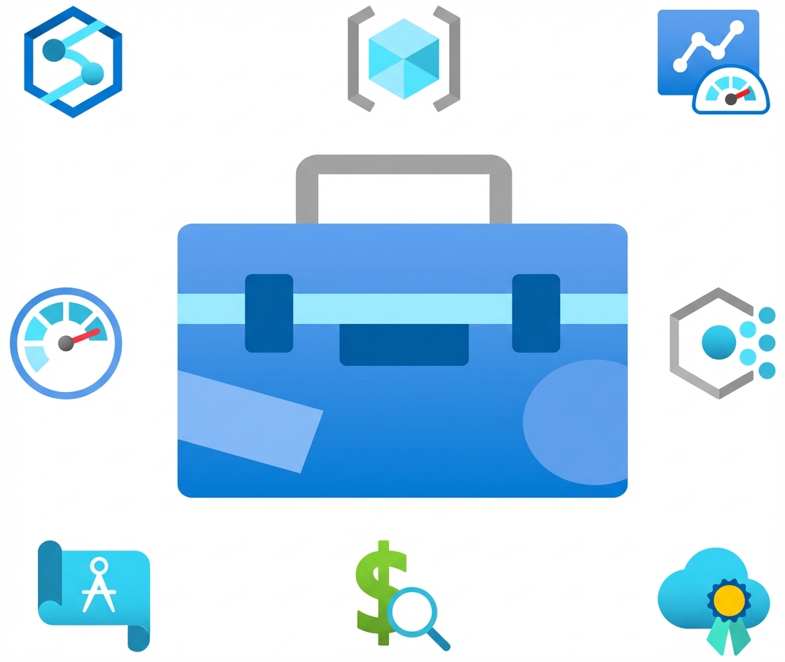 ツールボックスと周囲に並ぶ Microsoft Azure のアイコンのイラスト