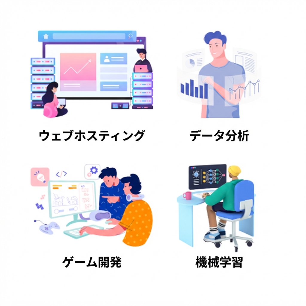 Webホスティング、ゲーム開発、データ分析、機械学習の図