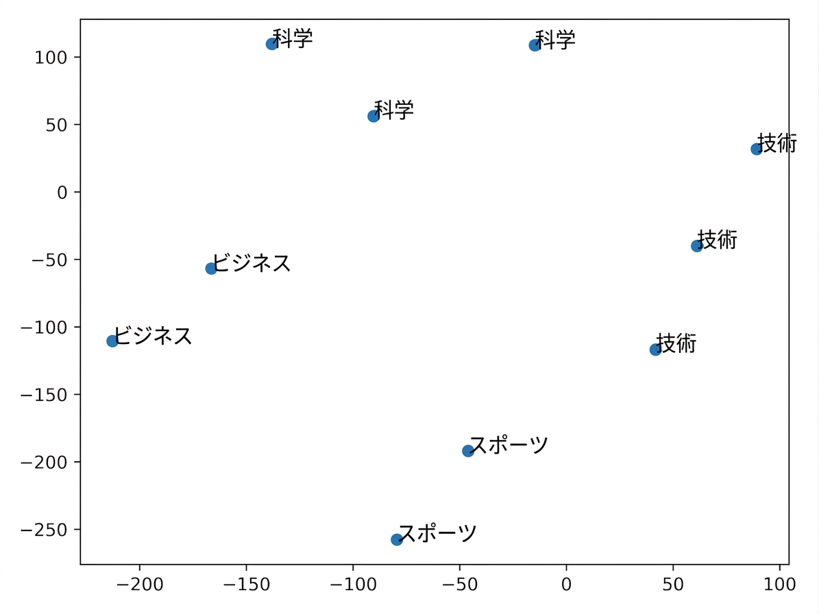 A plot of the 2D vector space showing that reviews with the same sentiment and topic are mapped more closely together in the vector space.