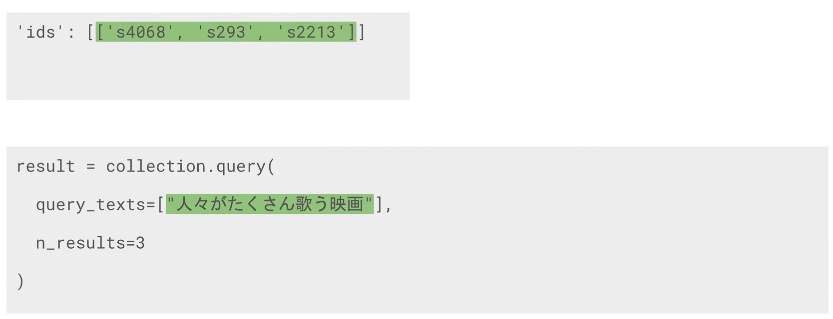 The query text is highlighted along with the ids of the three query results it generated.