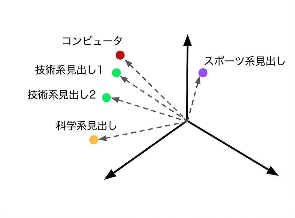 An embedded search query in the vector space alongside several embedded articles on different topics.