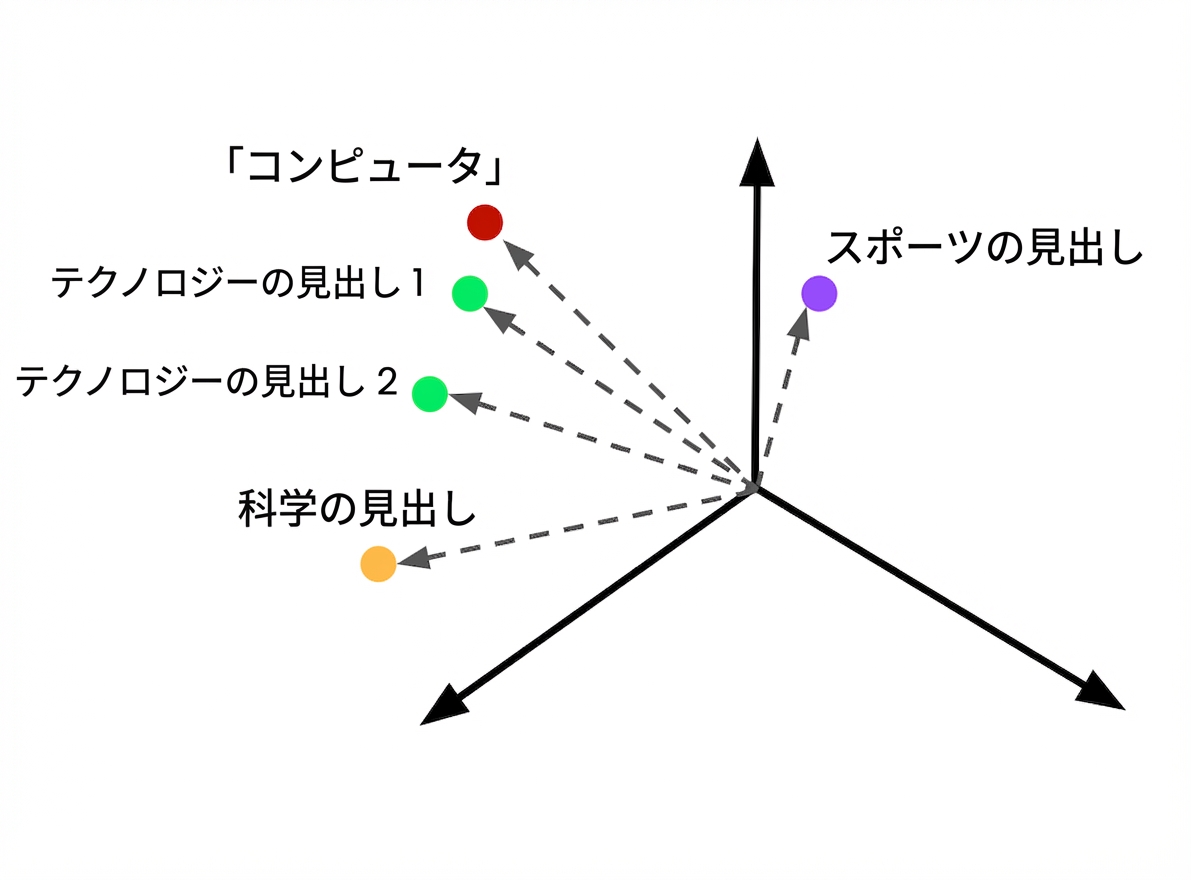ベクトル空間内に埋め込まれた検索クエリと、さまざまなトピックの記事が並んでいる様子。