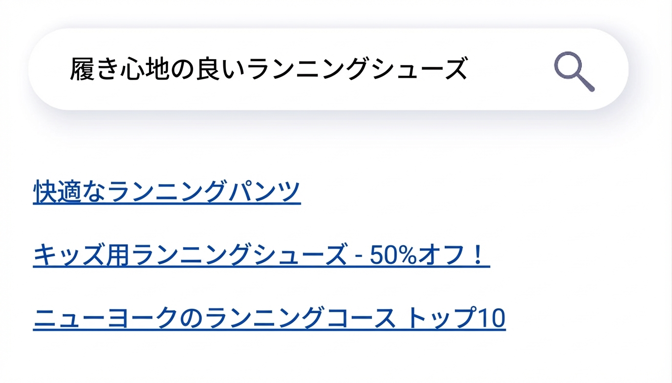 関連性の低い結果を表示する従来の検索エンジン。
