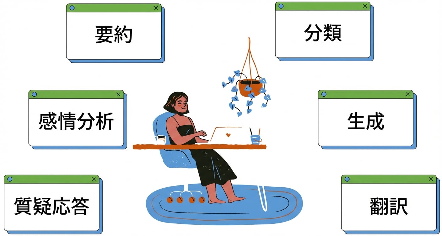 テキスト生成と翻訳のタスクに囲まれた机で作業する人