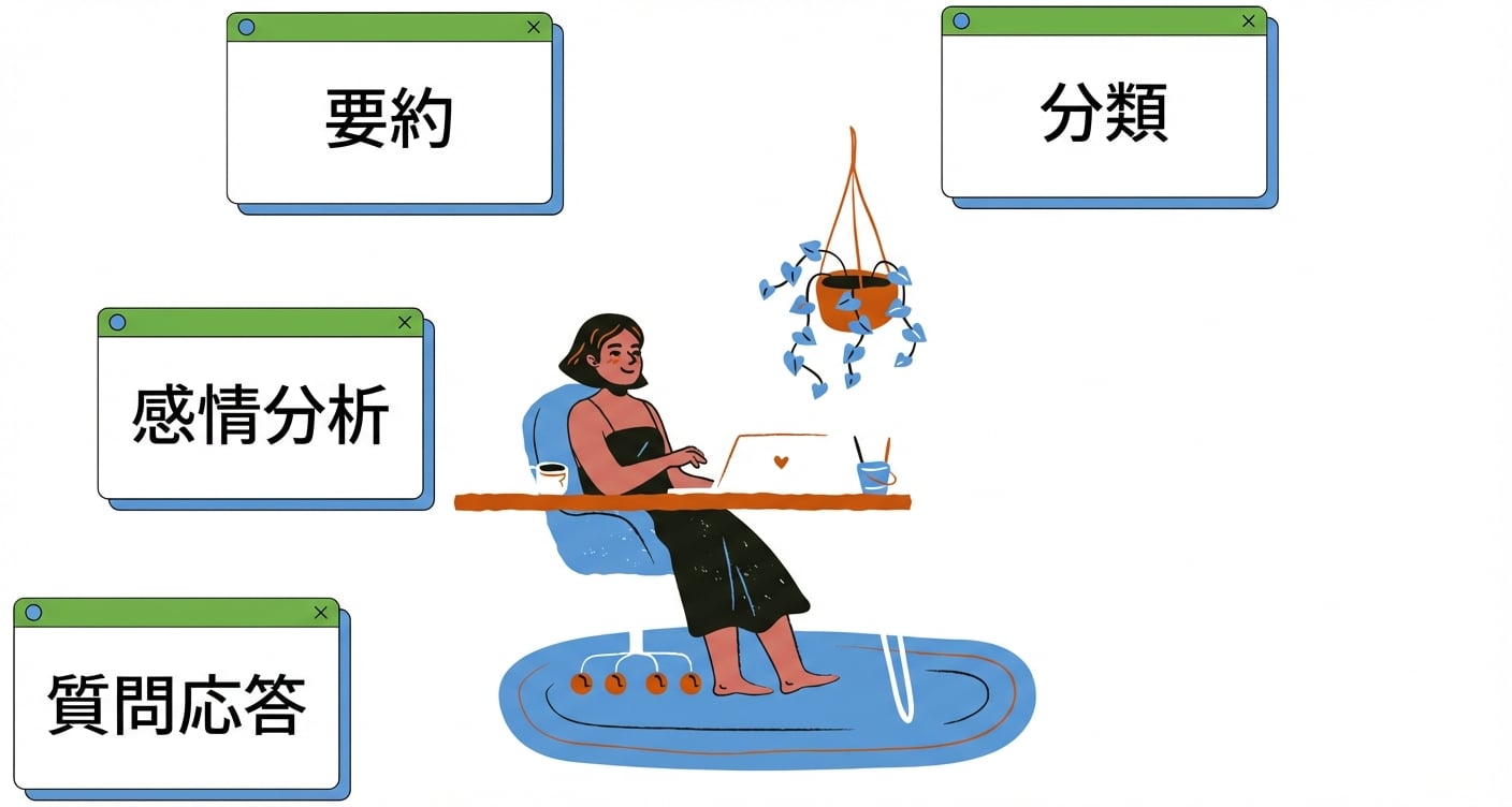 テキスト分類、要約、感情分析、Q&Aを示すタスクに囲まれた机で作業する人