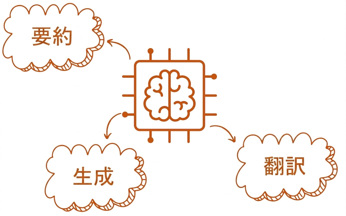 要約、生成、翻訳の3つの吹き出しがある大規模言語モデルの抽象的な図解