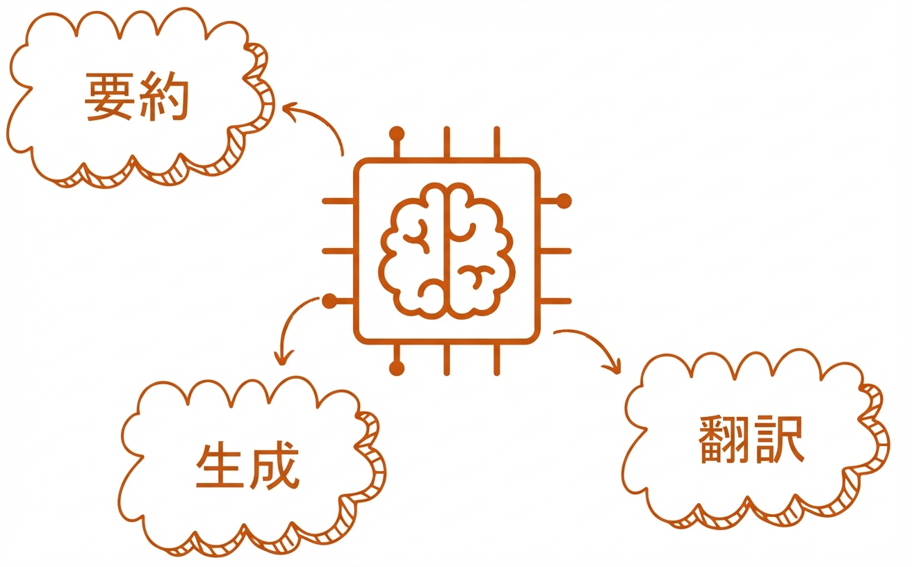 要約・生成・翻訳のバブルを持つ大規模言語モデルの抽象的なイラスト