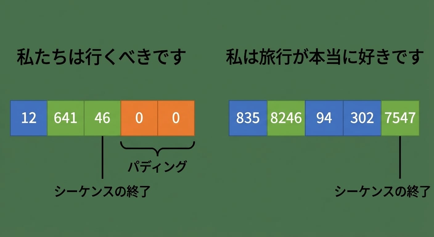 2つのシーケンス「we should go」「i really like to travel」を例に、トークンID、パディング、EOS位置を示す図