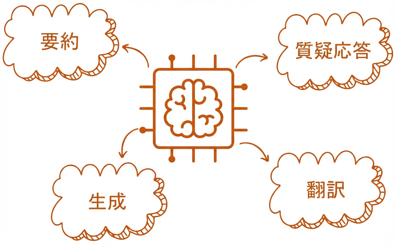 要約・生成・翻訳・Q&Aのバブルを持つ大規模言語モデルの抽象的なイラスト