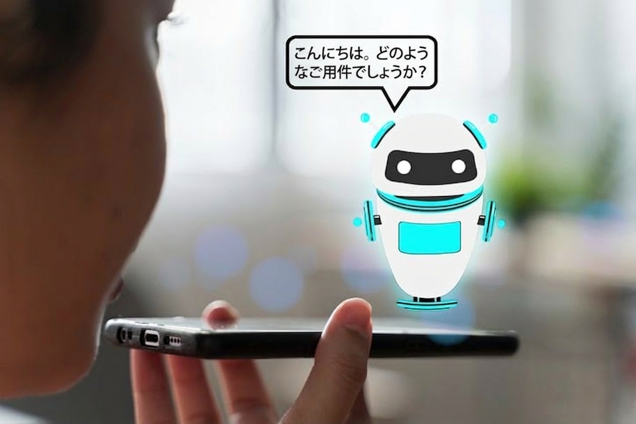 電話で話す人物の上に、サポートを申し出る仮想チャットボットが表示されている画像