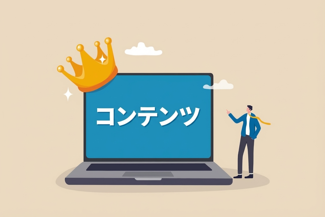 「content」という文字と王冠が置かれたノートパソコンの画像