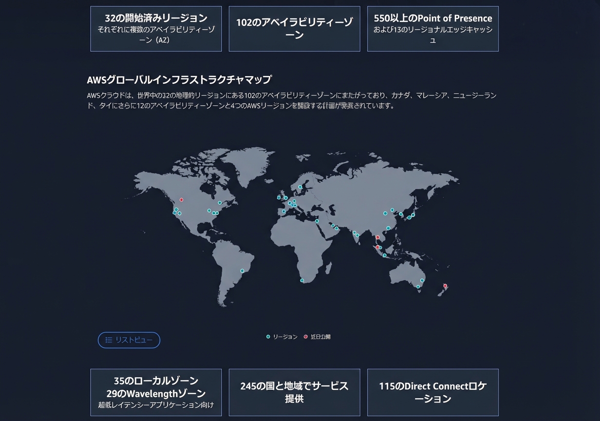 AWSの地理的多様性を示す、世界各地にノードが広がる地球儀の画像