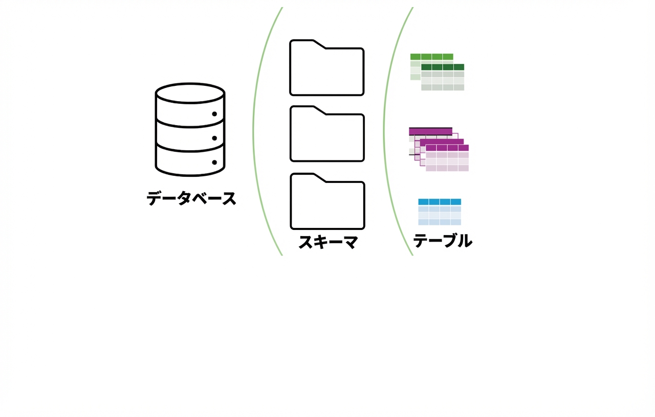 データベース、スキーマ、テーブル