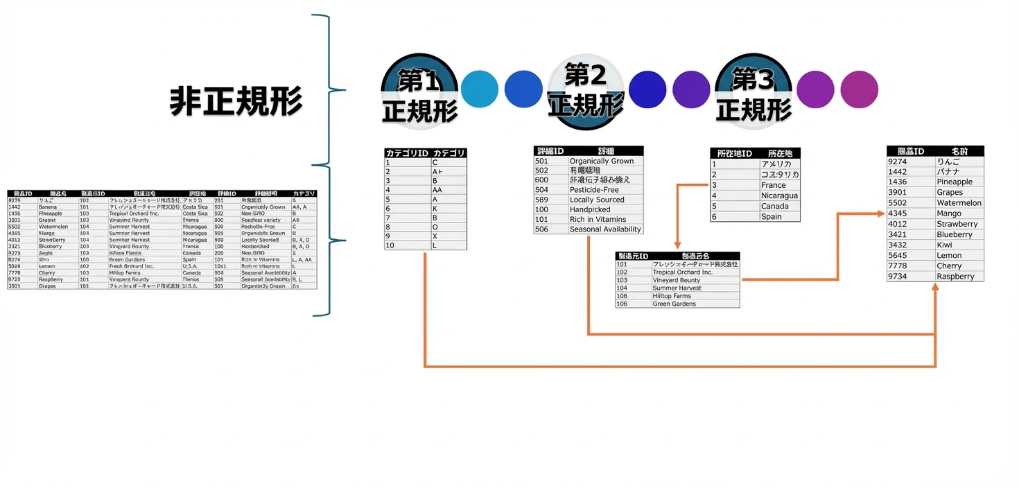 Allproducts データ、UNFから3NF（リレーション付き）