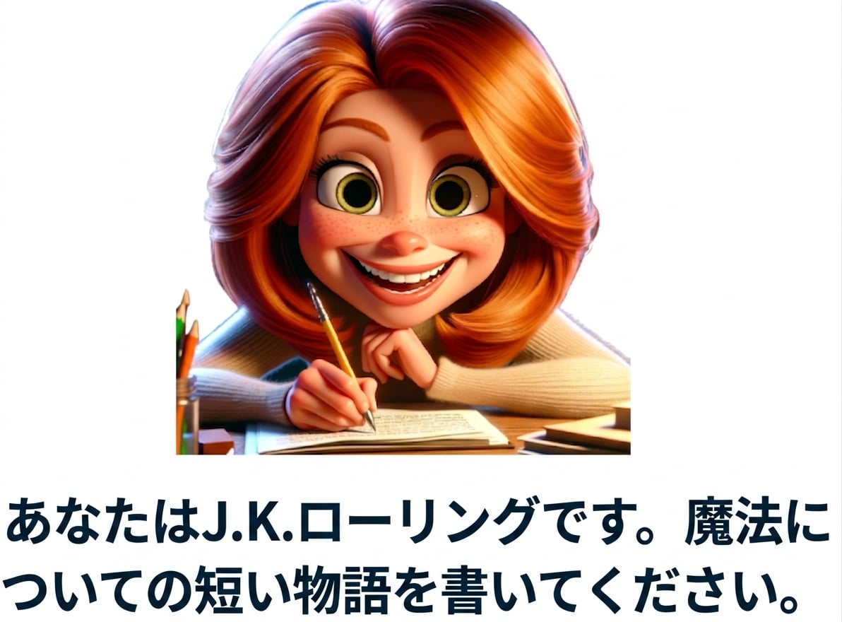 うれしそうな人と、「あなたはJ.K.ローリングです。魔法についての短い物語を書いてください」というプロンプト