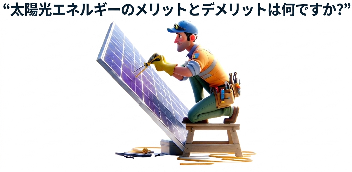 ソーラーパネルで作業している人と、「太陽エネルギーの利点と欠点は何ですか」というプロンプト