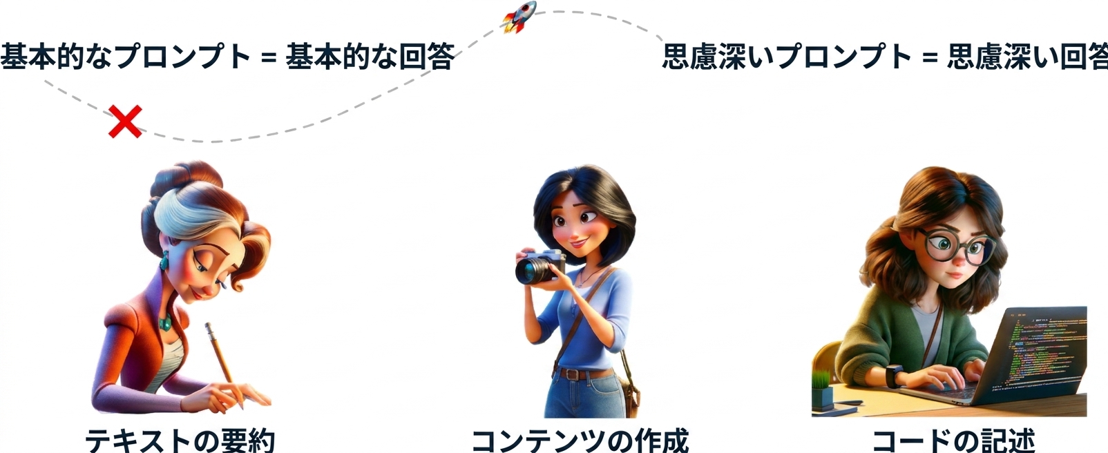 文章を書く人、写真を撮る人、コードを書く人のカートゥーン風イラスト