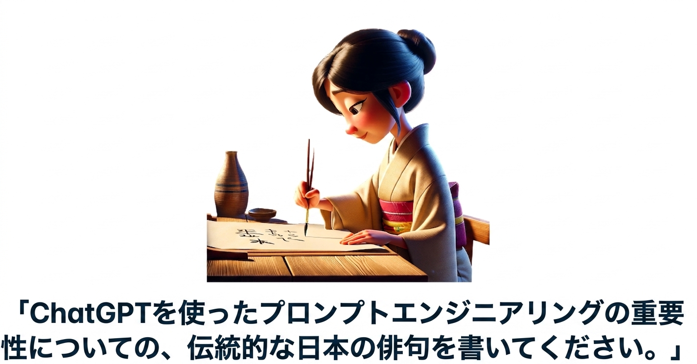 俳句を書いている人と、「ChatGPTでのプロンプトエンジニアリングの重要性について、俳句を書いてください」というプロンプト