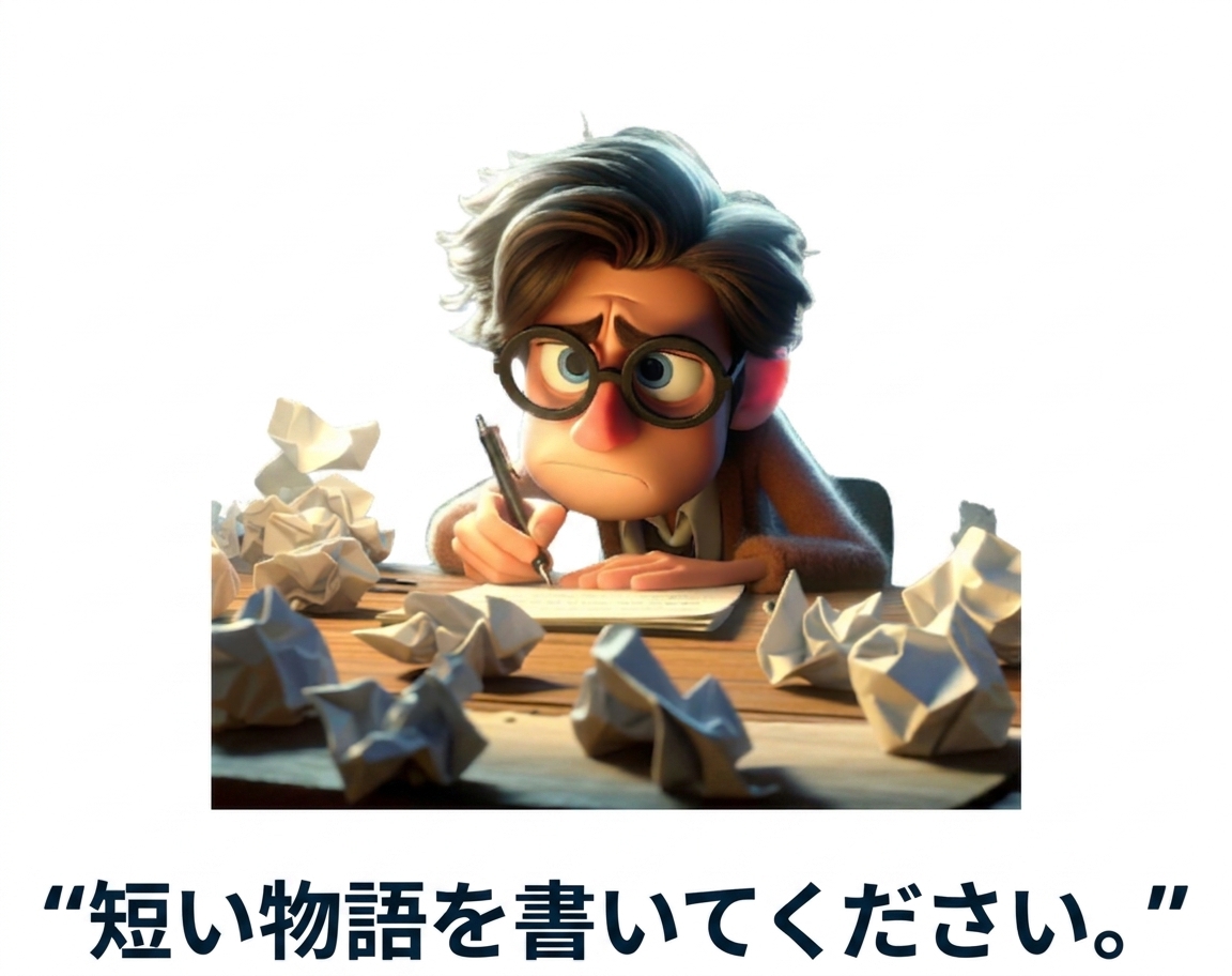 困惑して疲れた様子の人と、「短い物語を書いてください」というプロンプト