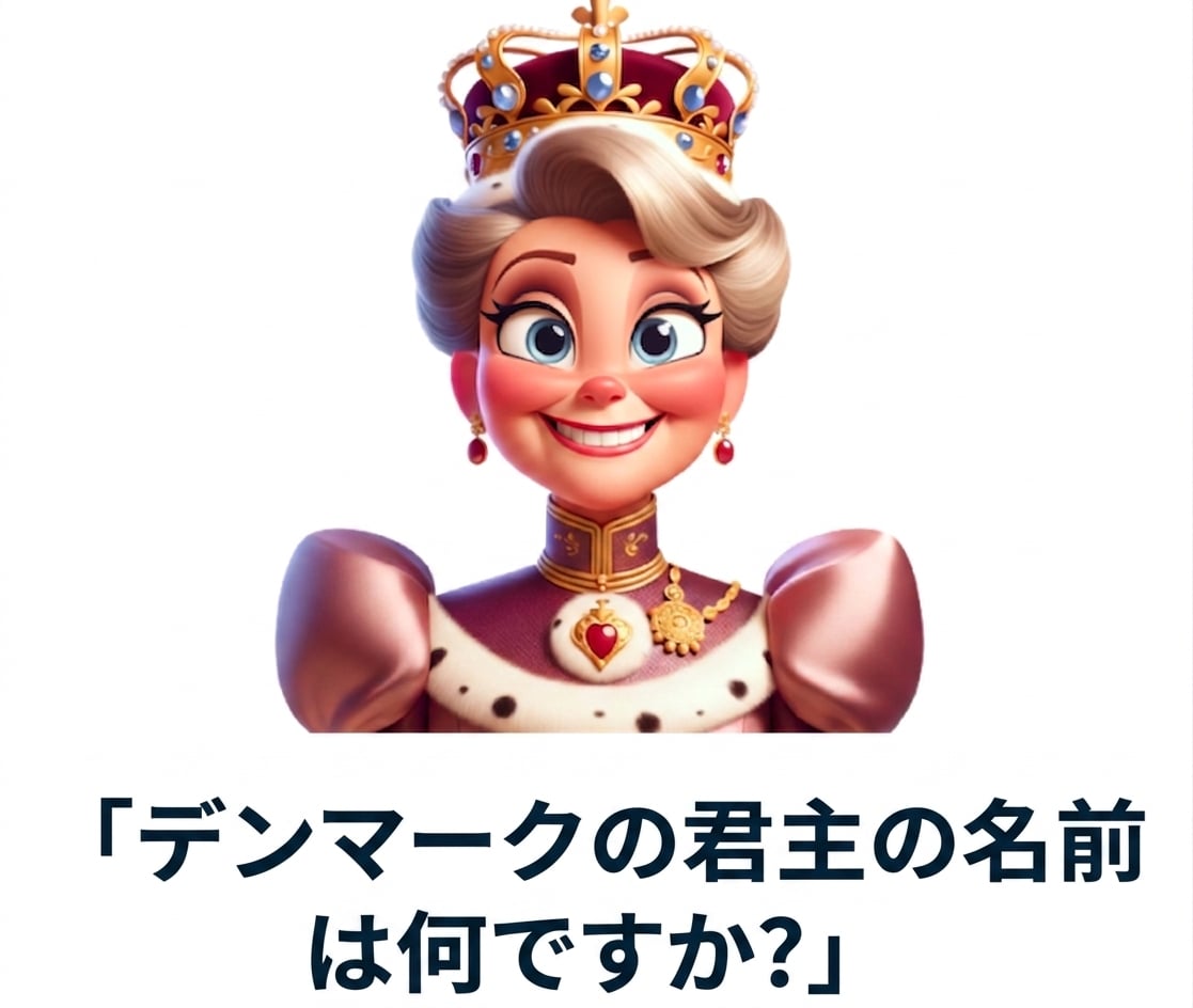 にこやかな表情の君主と、「デンマークの君主の名前は何ですか」という質問
