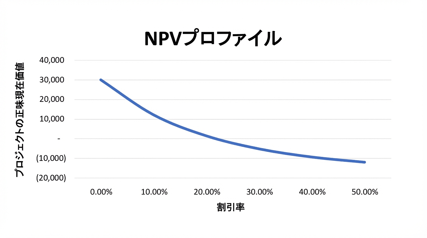 縦軸が正味現在価値、横軸が割引率の折れ線グラフ。関係は逓減的。