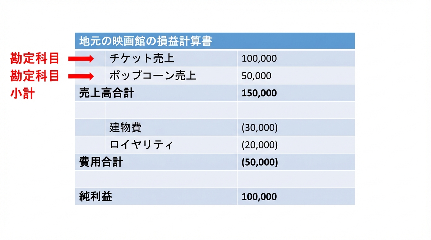 売上の明細行と小計を強調した損益計算書
