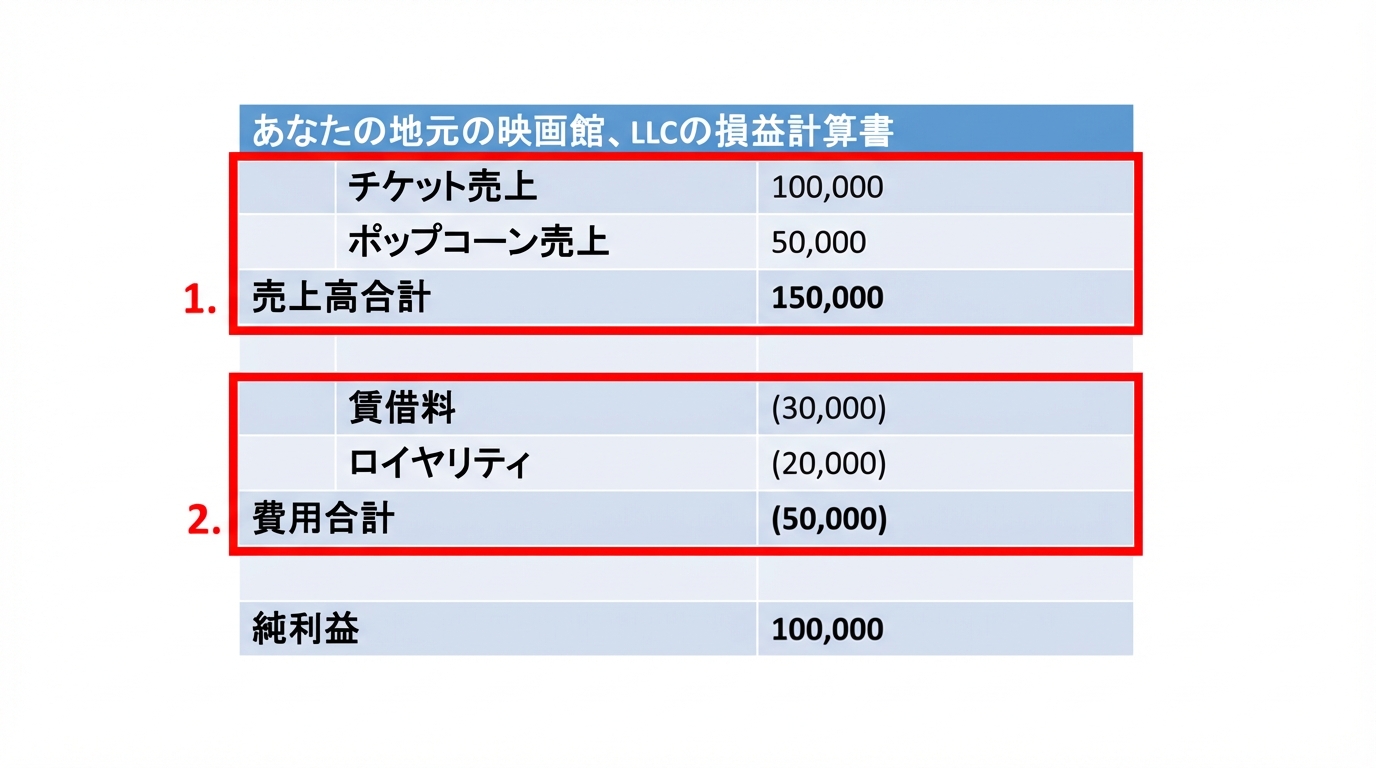 売上高と費用を赤で囲んだ損益計算書の例