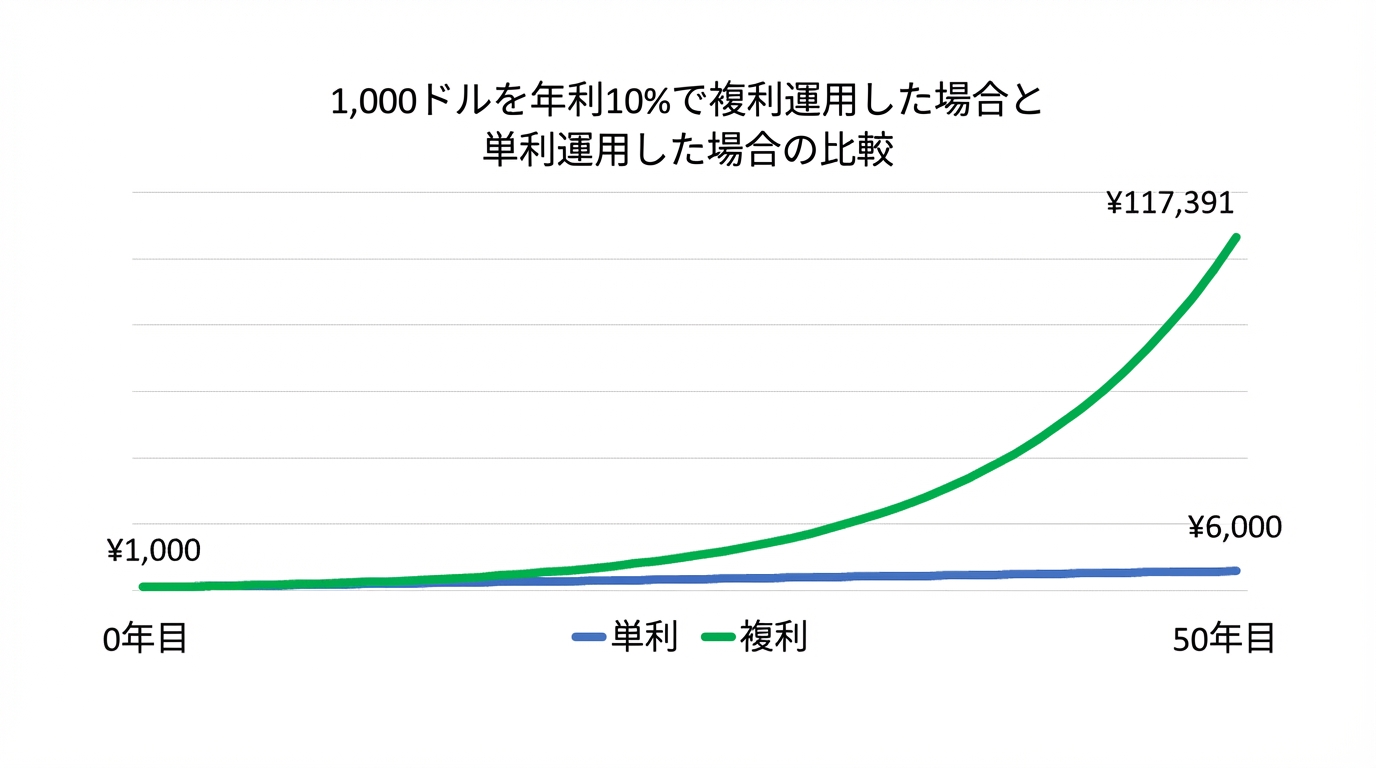 1000ドルを年1回複利運用と非複利で50年比較するグラフ