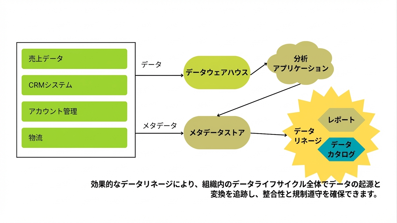 左のシステムデータが、メタデータ管理によりレポートとデータカタログへ変換される