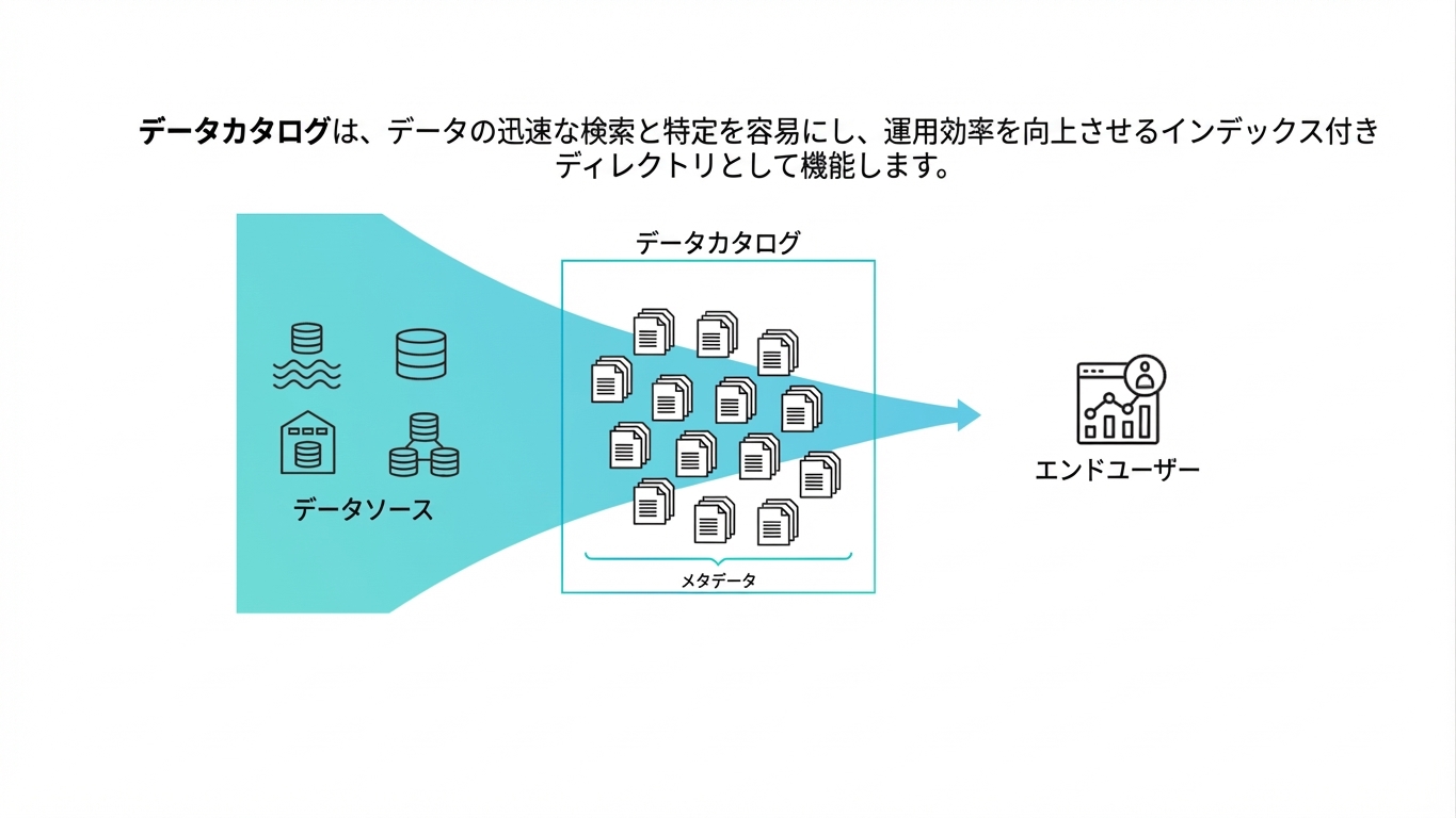 左のばらばらなデータが中央で整然と積層され、右のエンドユーザーへ矢印でつながる