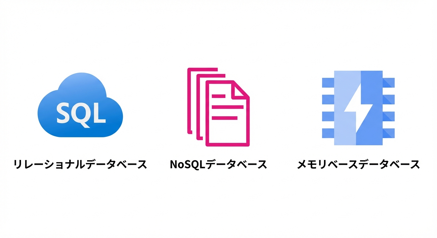 リレーショナル、NoSQL、インメモリ DB のアイコン。