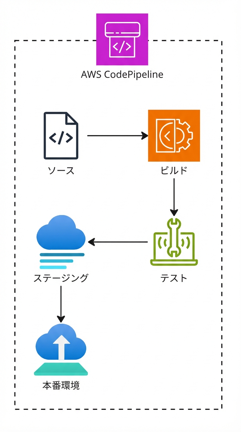 AWS CodePipeline の動作を示すアーキテクチャ図。