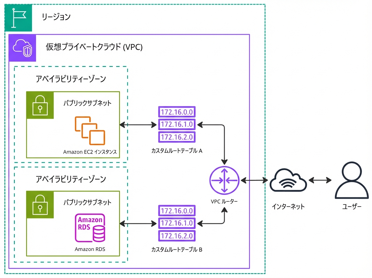 ルートテーブルを説明するアーキテクチャ図。