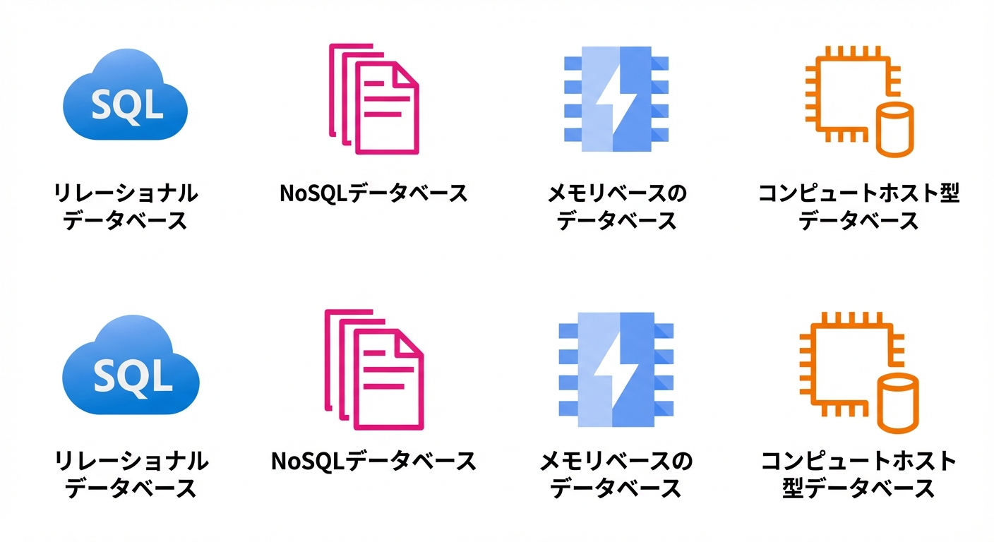 リレーショナル、NoSQL、インメモリ、コンピュートホスト DB のアイコン。