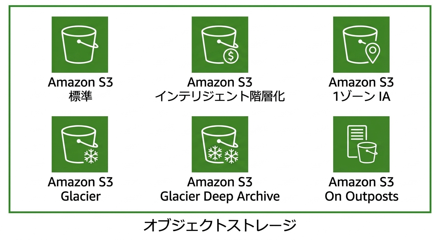 S3 の 6 つのストレージクラスを表す6つのアイコン。