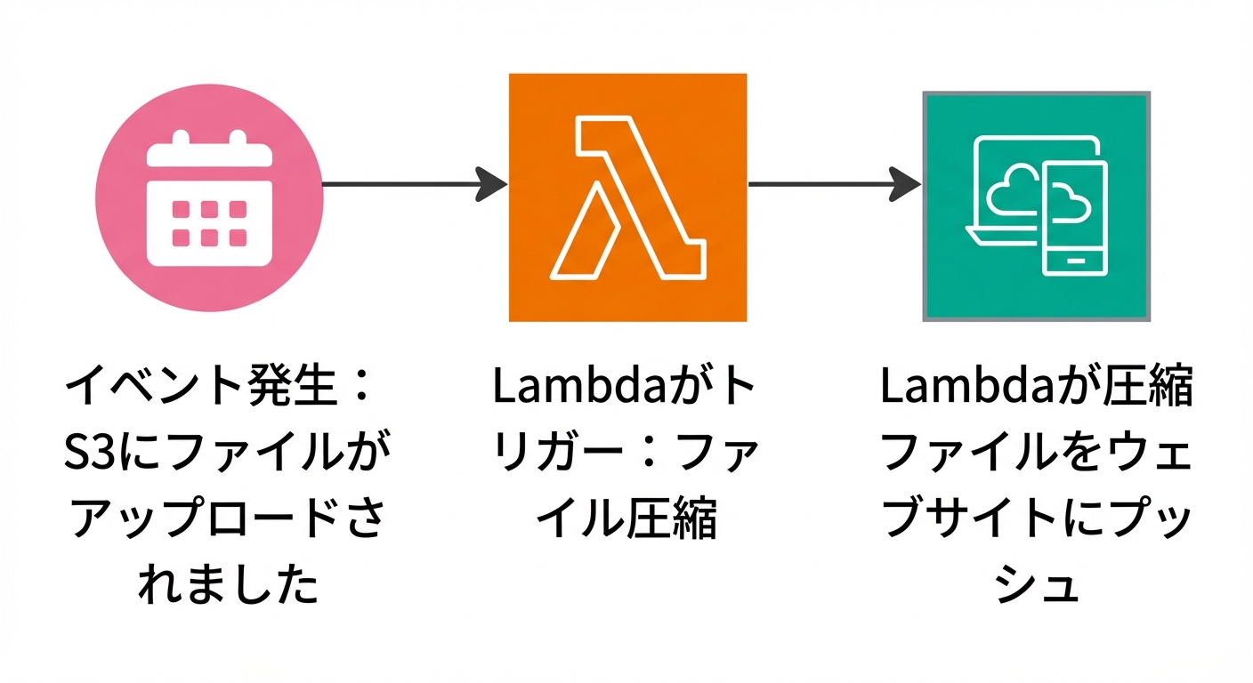 イベント発生時に Lambda 関数が起動する仕組みのフロー図。