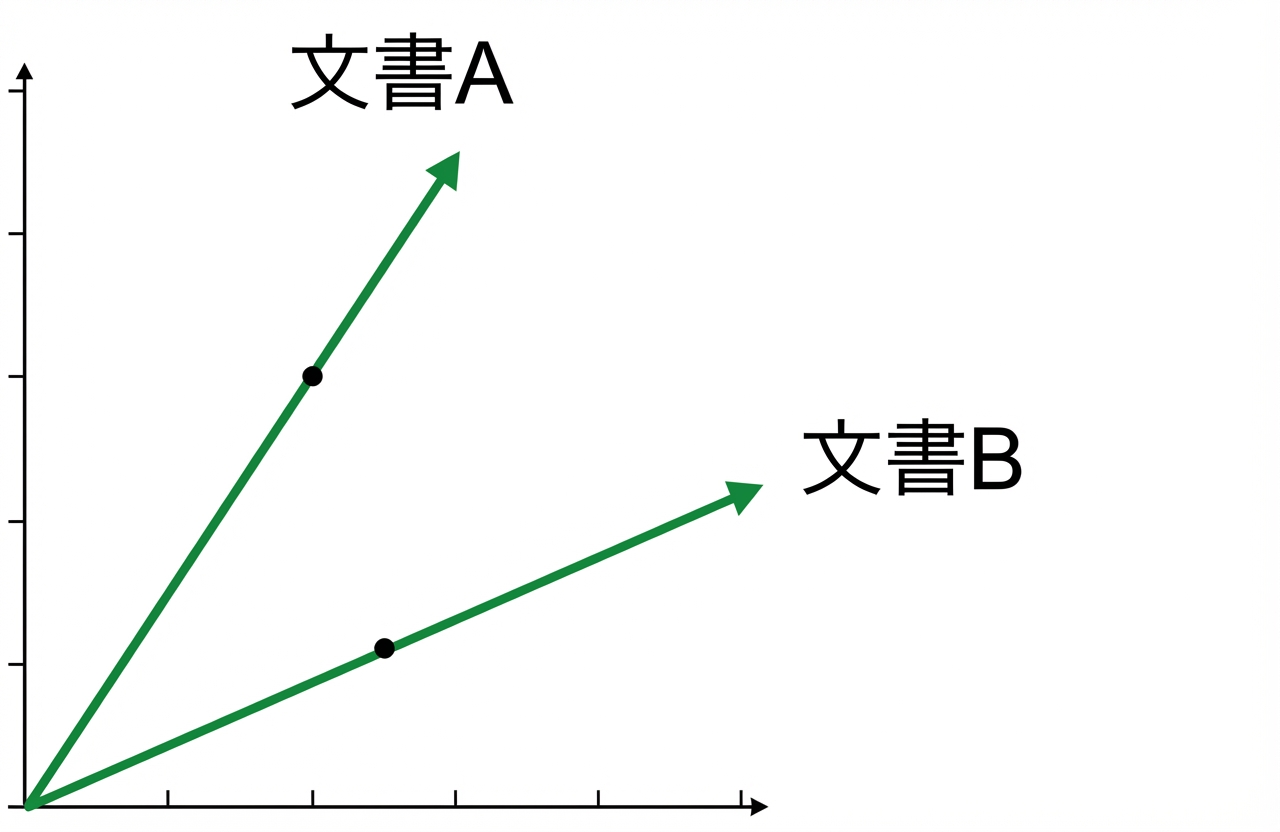 散布図: 文書AとBに原点から異なる角度の2本の直線