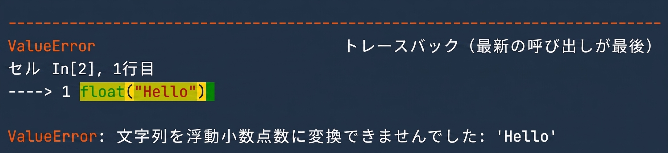 文字列「Hello」をfloatに変換できないことを示すValueError出力