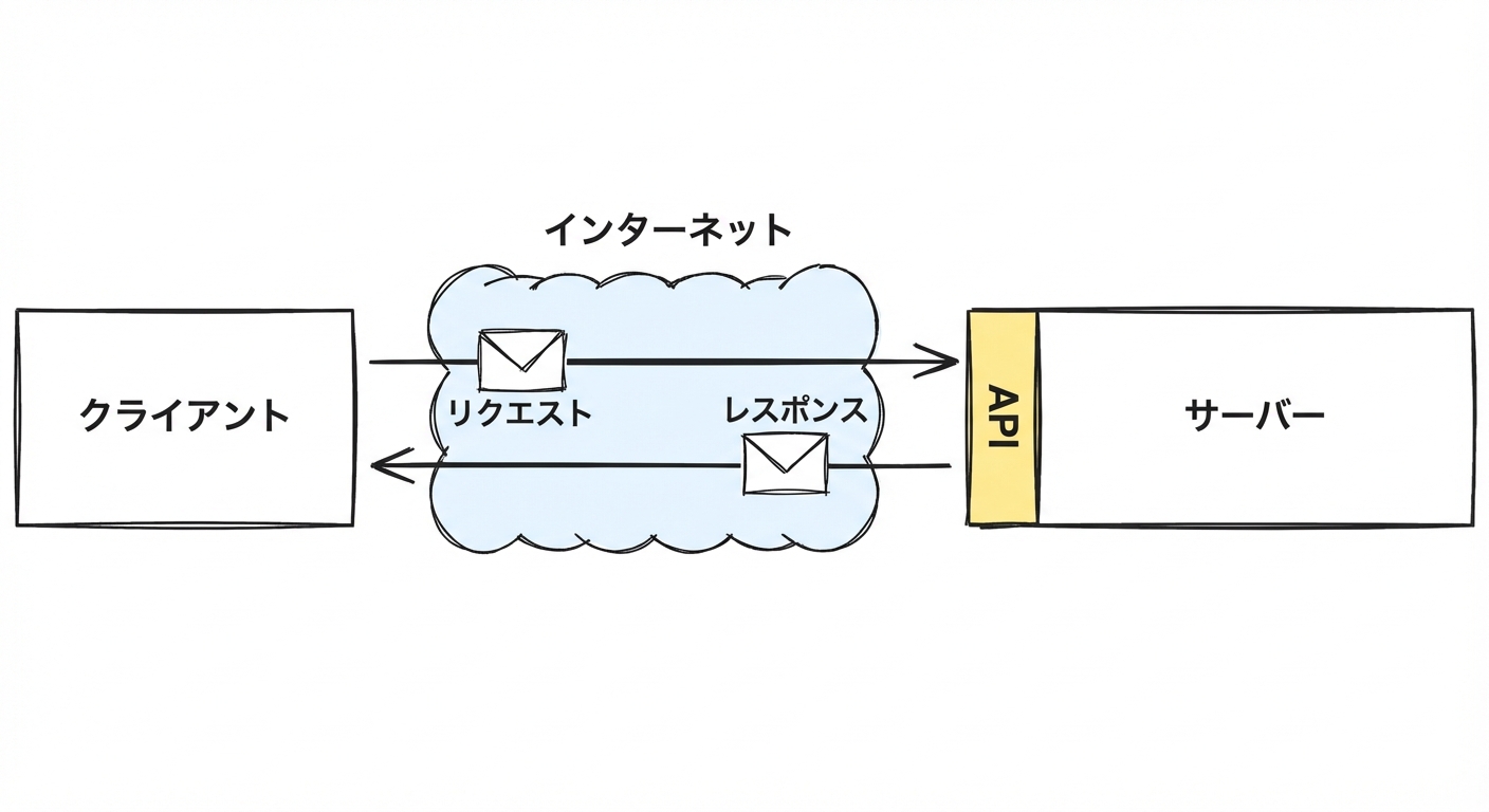 APIを介したクライアント-サーバー通信。リクエストとレスポンスが示された図。