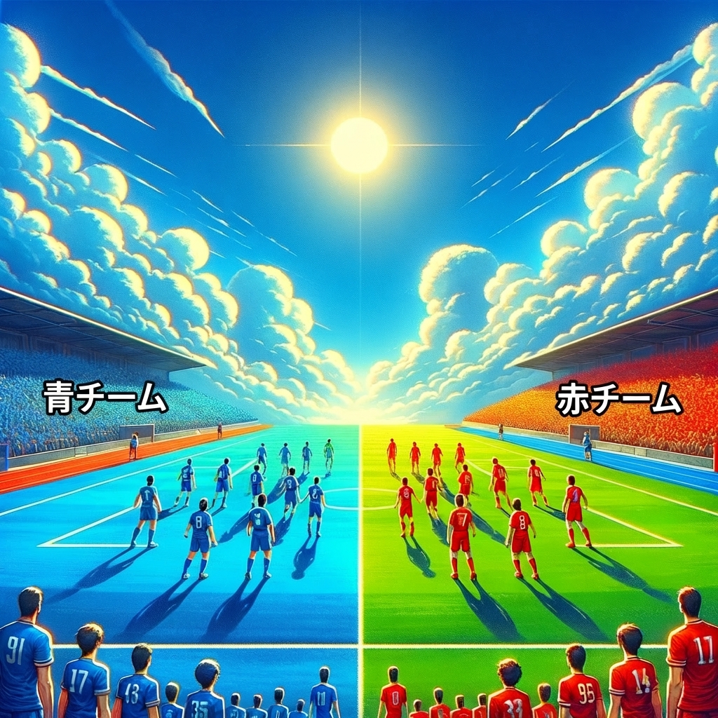 赤と青のサッカーチームが対戦している画像