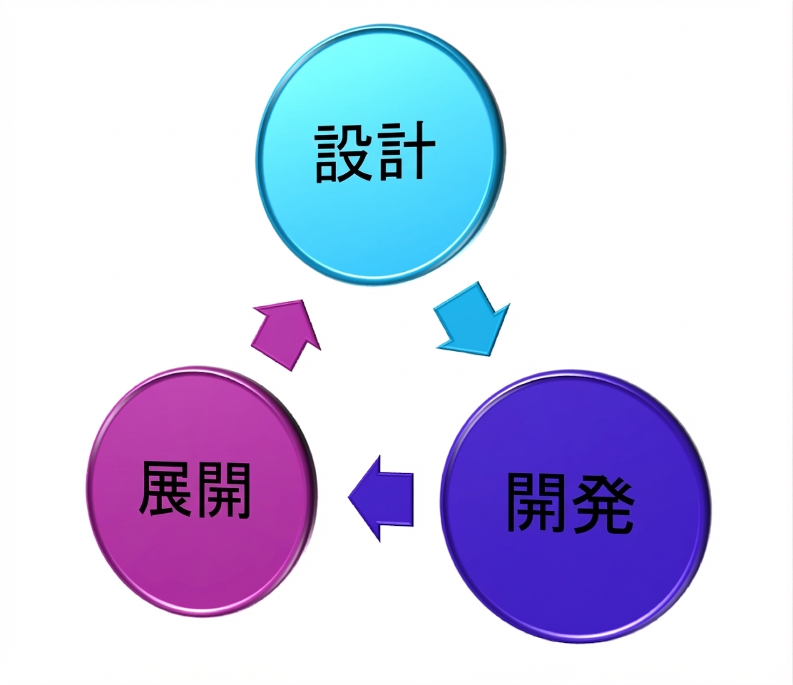 設計・開発・デプロイの3要素を示す図（設計が上部）