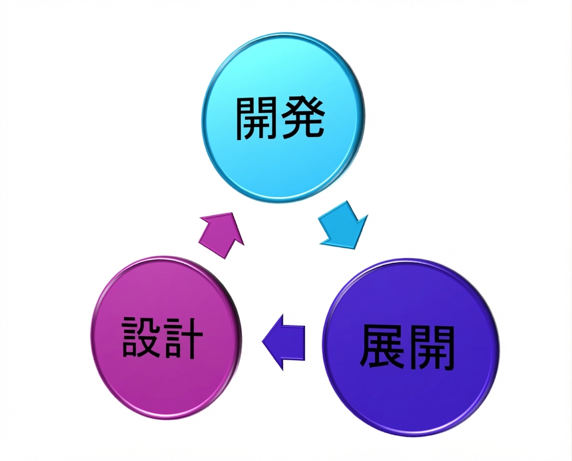 設計・開発・デプロイの3要素を示す図（開発が上部）
